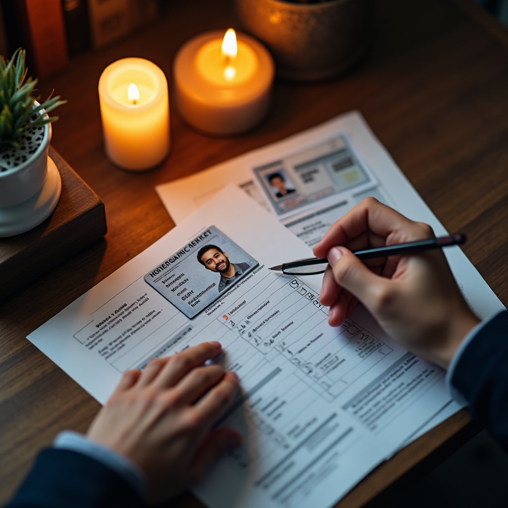 KYC document verification process with identity documents and verification checklist on a professional desk