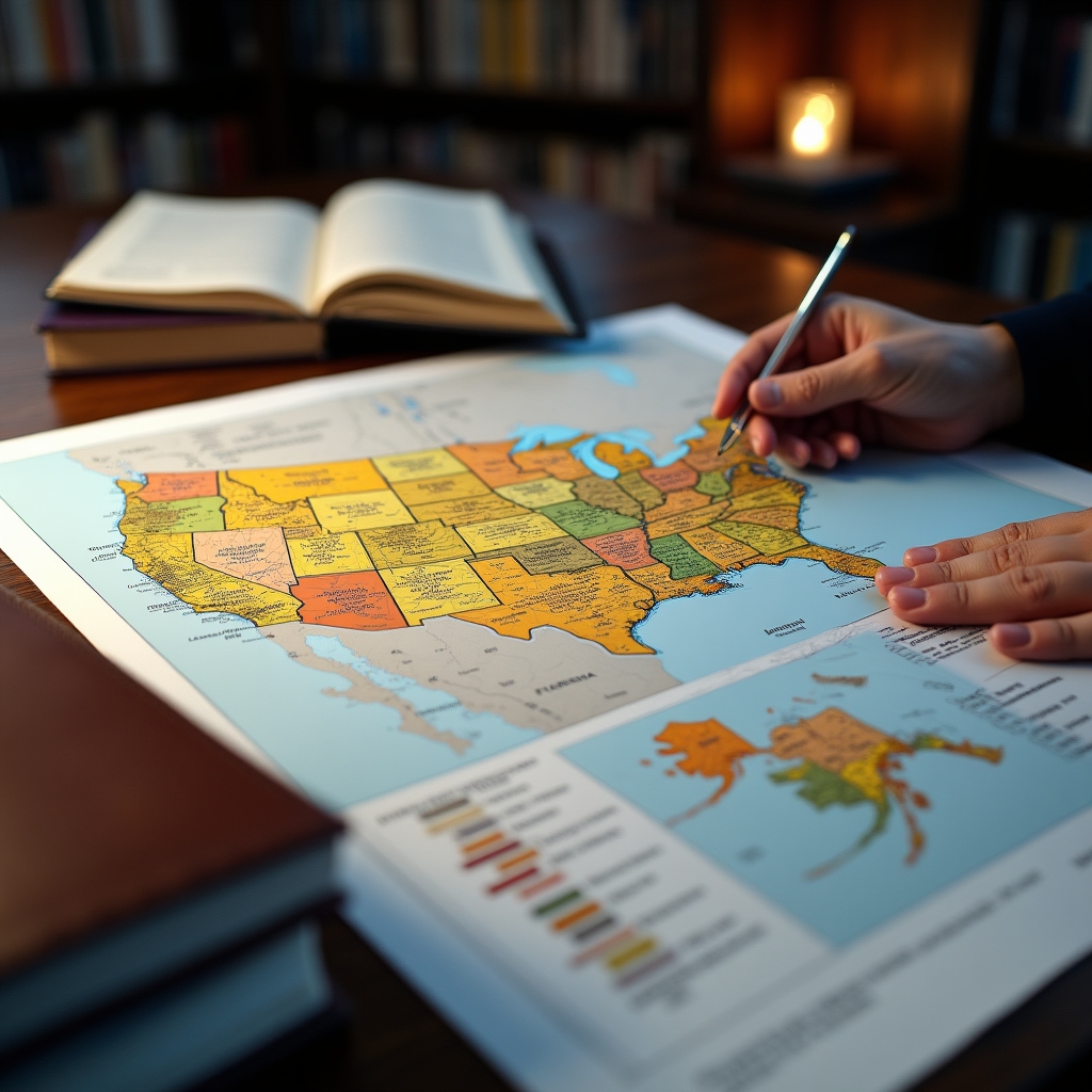 US regulatory map and compliance documentation spread across a professional workspace with financial regulatory materials